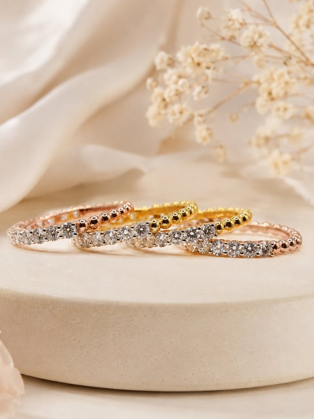 Tri-Color Stackable Diamond Ring Set